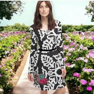 Desigual Women's Gray Black Fit Flare Dress M Embroidered Flower Long Sleeve EXC